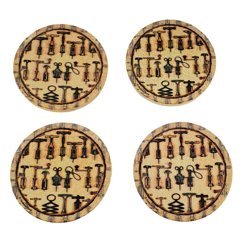 NWB Thirstystone Set/4 Boxed Coasters Natural Sandstone Corkscrews Wine Cork Bac